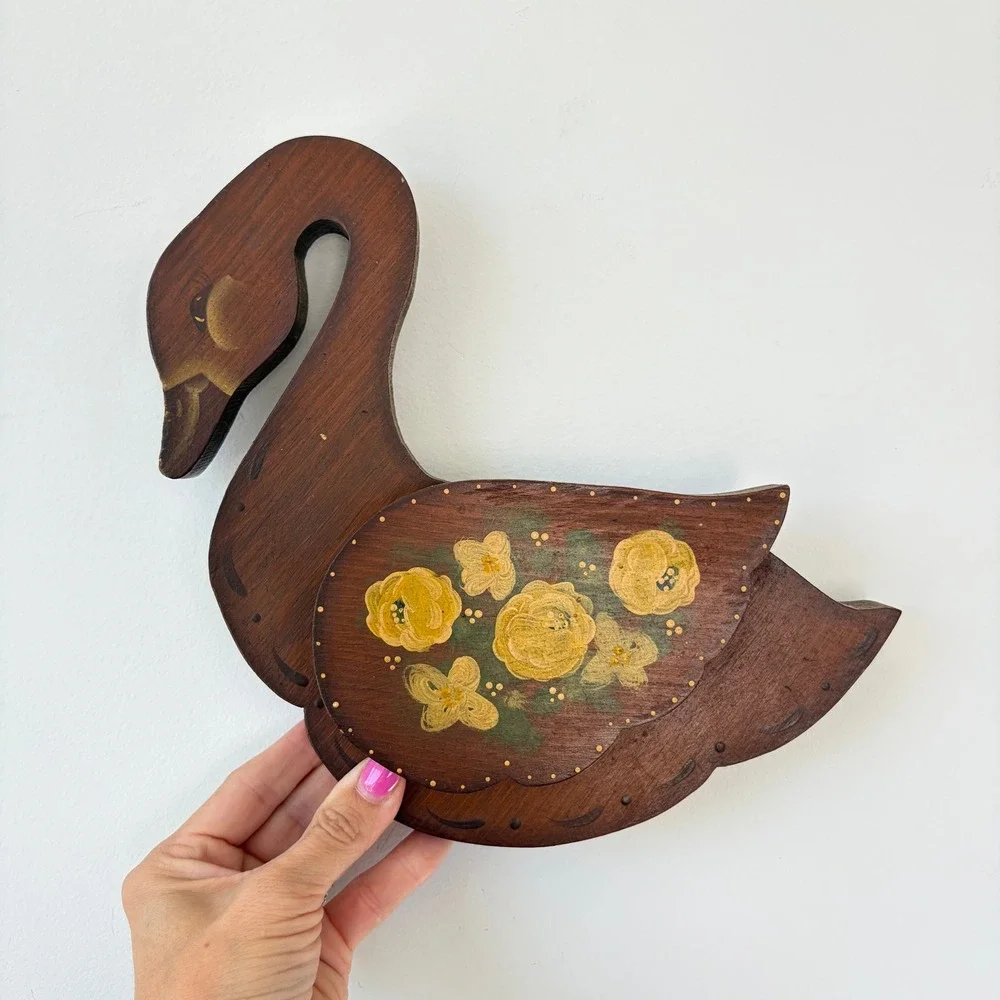 Vintage Hand Painted Wooden Swan Wall Decor Folk Art Yellow Floral 9 Inch